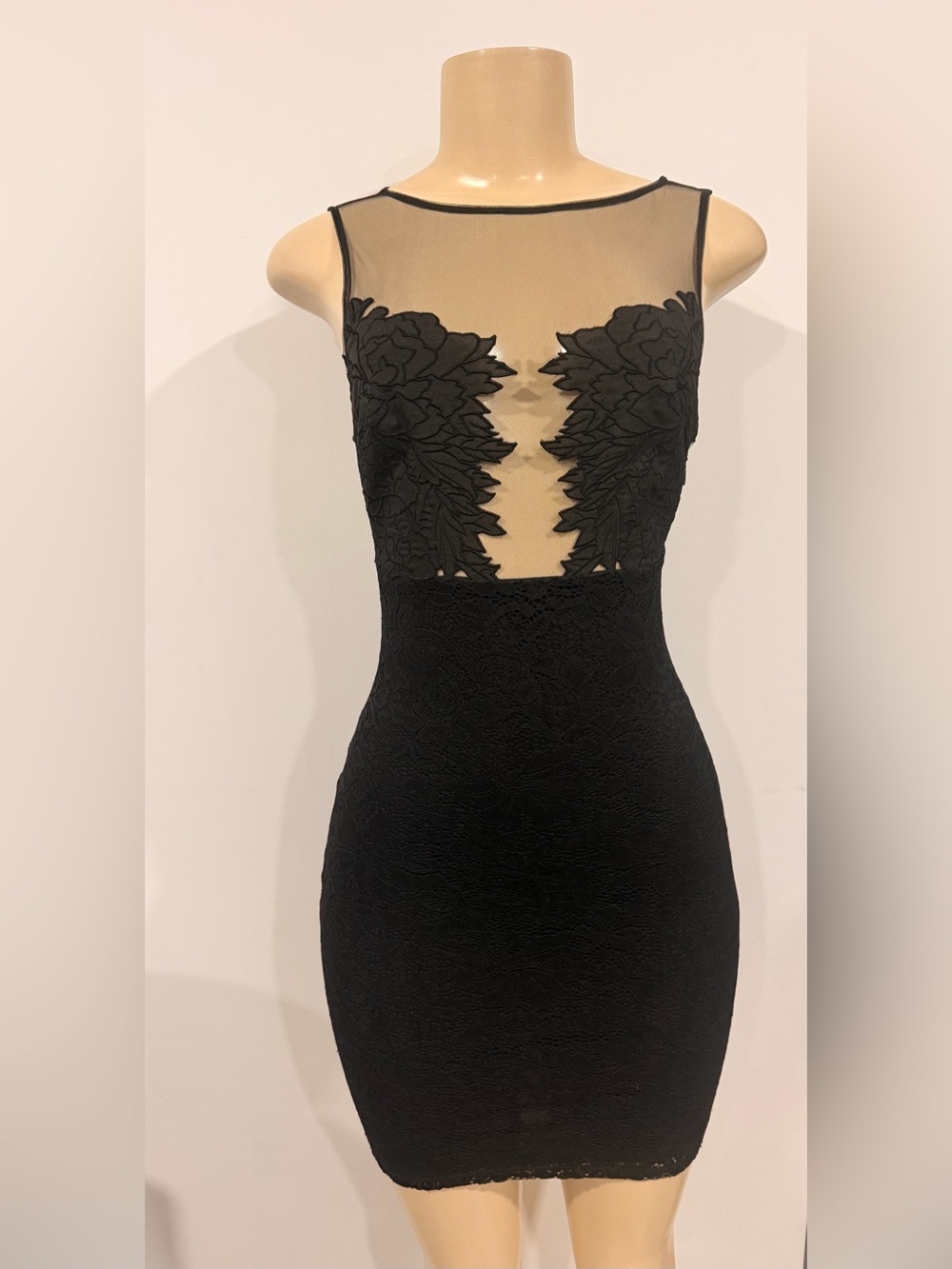 bebe Black Lace Illusion Sheath Dress with Floral Appliqué Y2K
